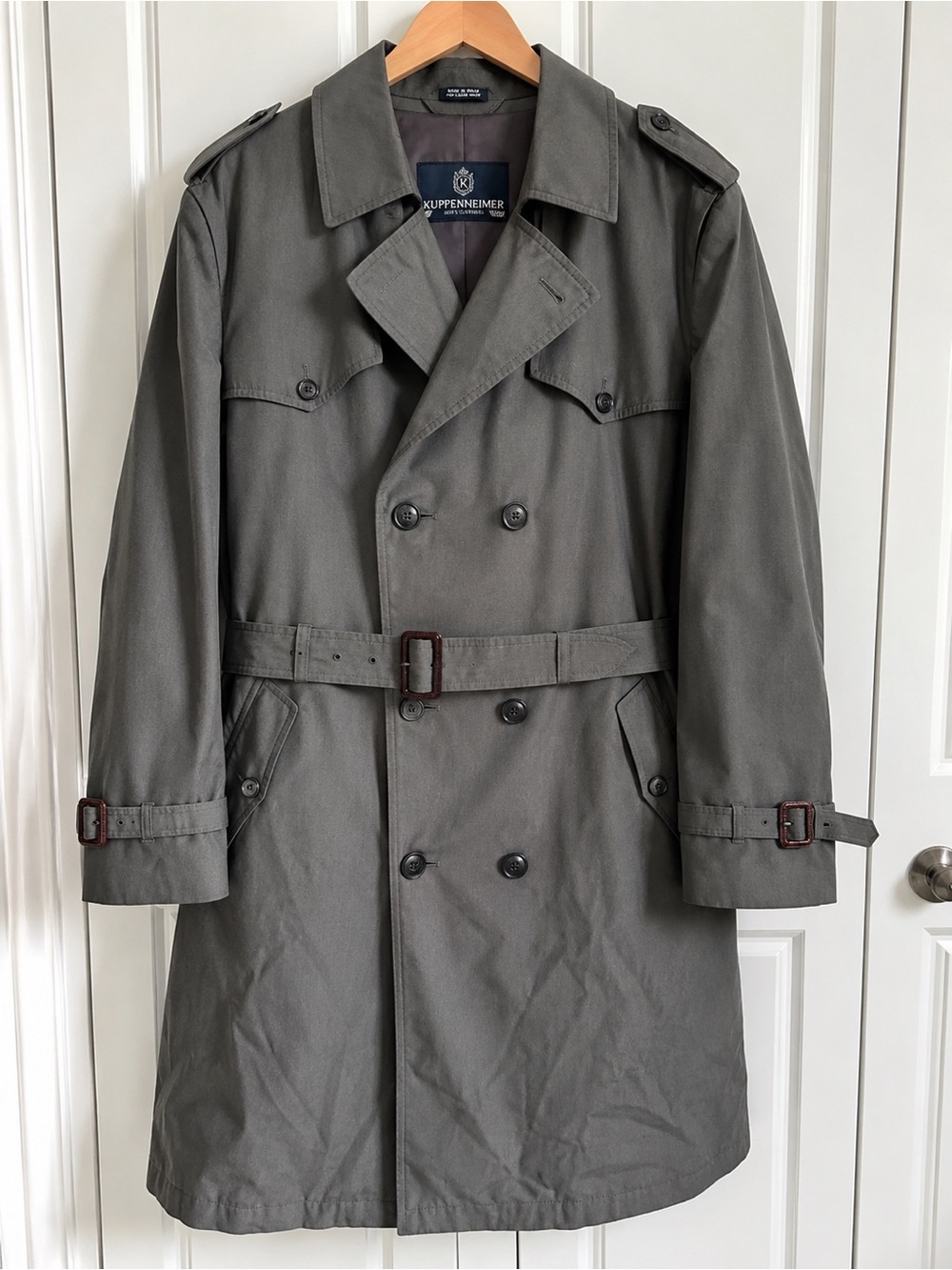 Vintage Kuppenheimer Men’s Trench Coat Gray Belted Double Breasted Size 42